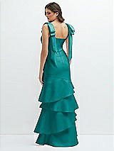 Rear View Thumbnail - Jade Bow-Shoulder Satin Maxi Dress with Asymmetrical Tiered Skirt