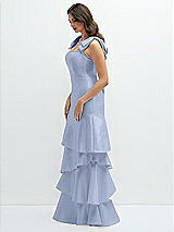Front View Thumbnail - Sky Blue Bow-Shoulder Satin Maxi Dress with Asymmetrical Tiered Skirt