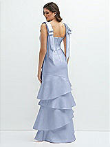 Rear View Thumbnail - Sky Blue Bow-Shoulder Satin Maxi Dress with Asymmetrical Tiered Skirt