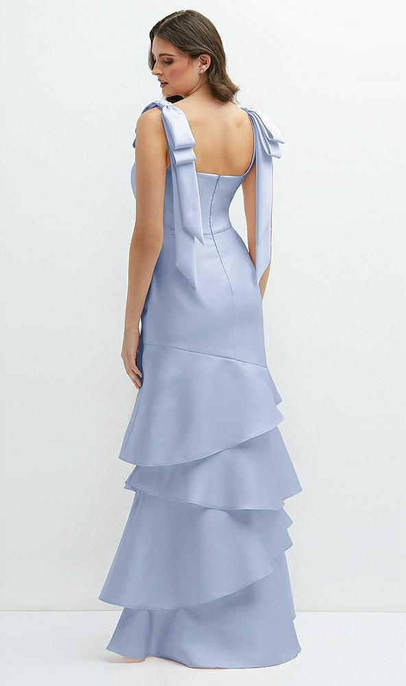 Back View - Sky Blue Bow-Shoulder Satin Maxi Dress with Asymmetrical Tiered Skirt