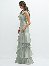 Front View Thumbnail - Willow Green Bow-Shoulder Satin Maxi Dress with Asymmetrical Tiered Skirt