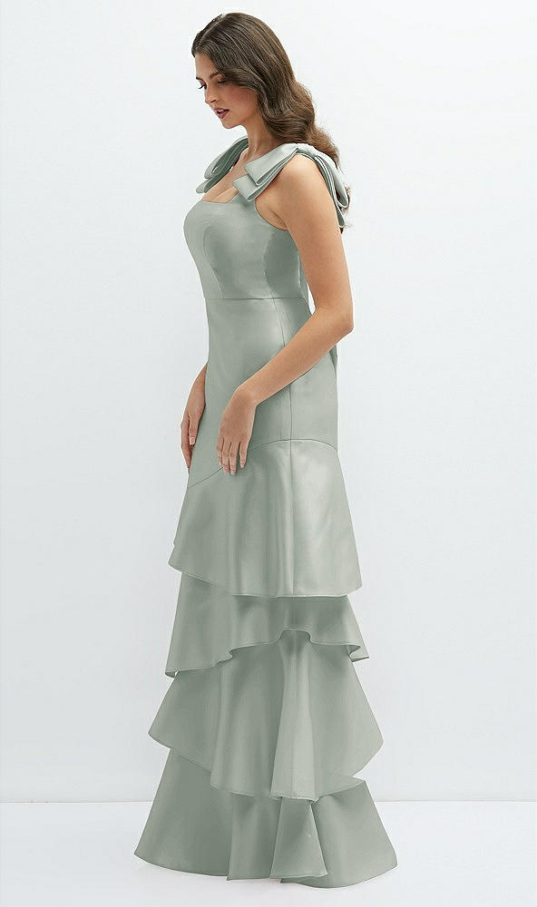 Front View - Willow Green Bow-Shoulder Satin Maxi Dress with Asymmetrical Tiered Skirt