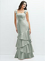 Side View Thumbnail - Willow Green Bow-Shoulder Satin Maxi Dress with Asymmetrical Tiered Skirt