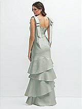 Rear View Thumbnail - Willow Green Bow-Shoulder Satin Maxi Dress with Asymmetrical Tiered Skirt