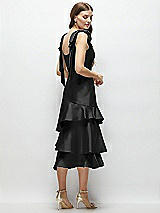 Alt View 3 Thumbnail - Black Bow-Shoulder Satin Midi Dress with Asymmetrical Tiered Skirt