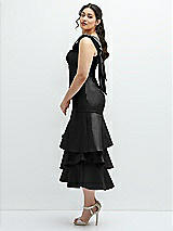Side View Thumbnail - Black Bow-Shoulder Satin Midi Dress with Asymmetrical Tiered Skirt