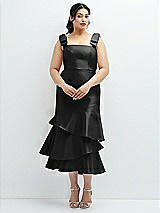 Rear View Thumbnail - Black Bow-Shoulder Satin Midi Dress with Asymmetrical Tiered Skirt