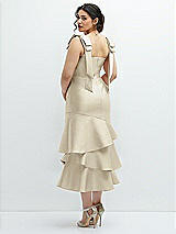 Front View Thumbnail - Champagne Bow-Shoulder Satin Midi Dress with Asymmetrical Tiered Skirt