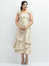 Rear View Thumbnail - Champagne Bow-Shoulder Satin Midi Dress with Asymmetrical Tiered Skirt