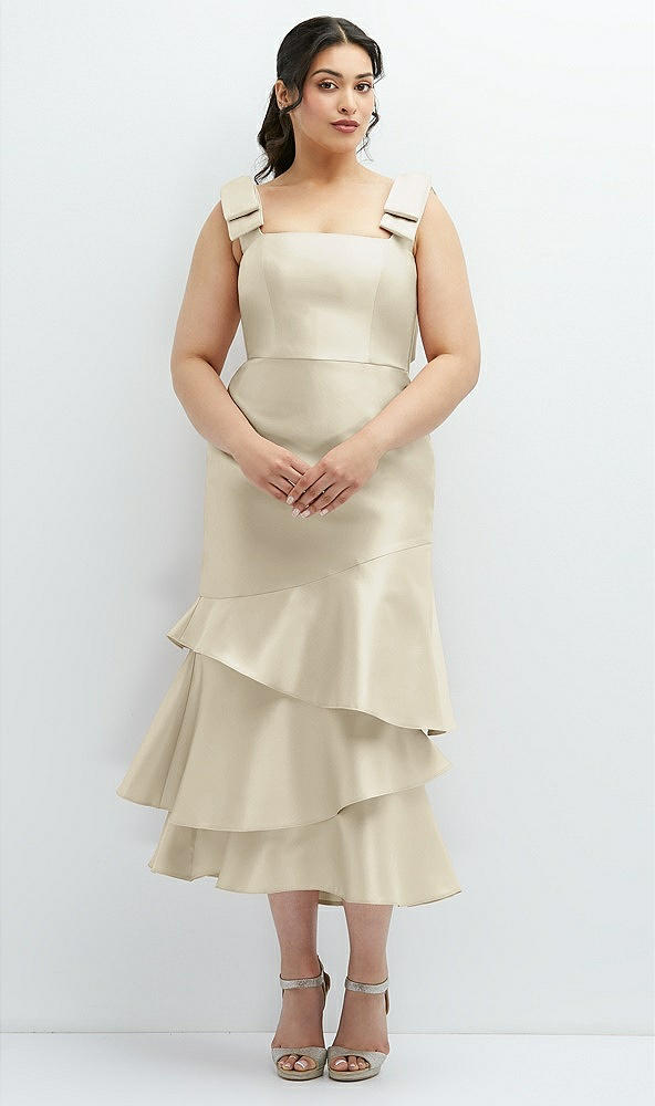 Back View - Champagne Bow-Shoulder Satin Midi Dress with Asymmetrical Tiered Skirt