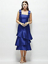 Alt View 1 Thumbnail - Cobalt Blue Bow-Shoulder Satin Midi Dress with Asymmetrical Tiered Skirt