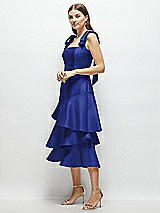 Alt View 2 Thumbnail - Cobalt Blue Bow-Shoulder Satin Midi Dress with Asymmetrical Tiered Skirt