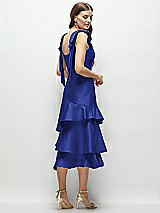 Alt View 3 Thumbnail - Cobalt Blue Bow-Shoulder Satin Midi Dress with Asymmetrical Tiered Skirt
