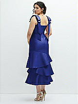 Front View Thumbnail - Cobalt Blue Bow-Shoulder Satin Midi Dress with Asymmetrical Tiered Skirt