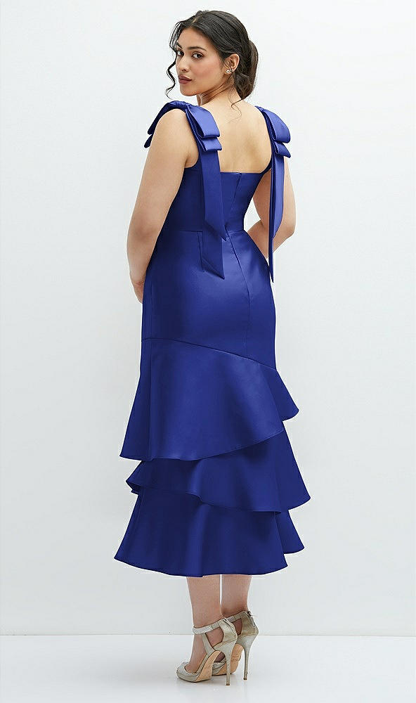 Front View - Cobalt Blue Bow-Shoulder Satin Midi Dress with Asymmetrical Tiered Skirt