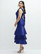 Side View Thumbnail - Cobalt Blue Bow-Shoulder Satin Midi Dress with Asymmetrical Tiered Skirt