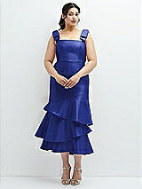 Rear View Thumbnail - Cobalt Blue Bow-Shoulder Satin Midi Dress with Asymmetrical Tiered Skirt
