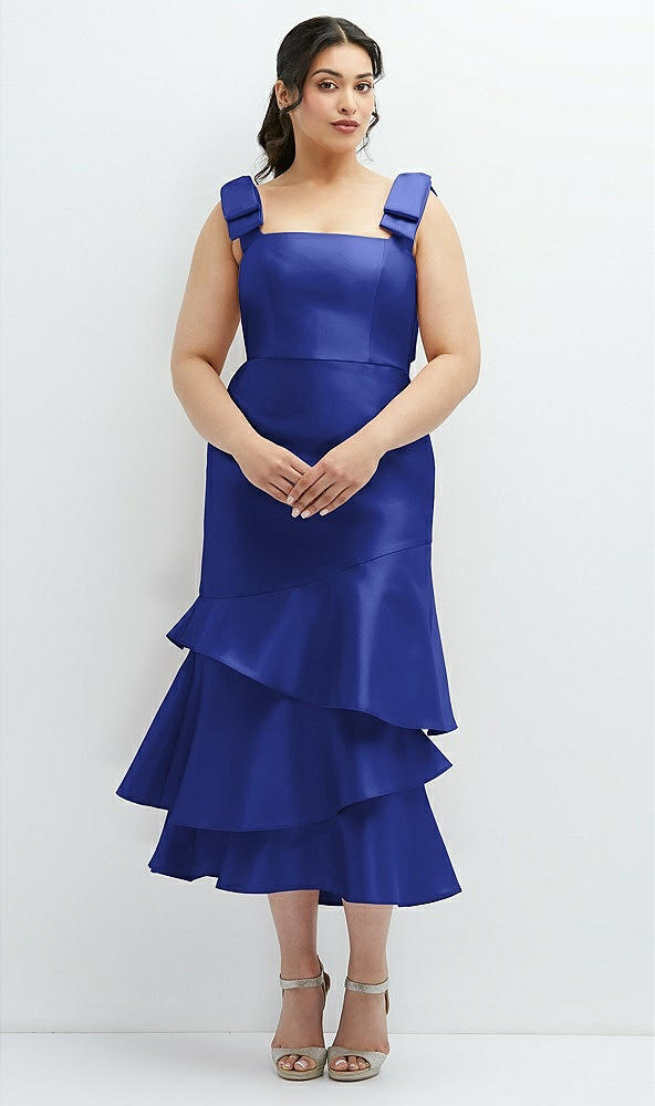 Back View - Cobalt Blue Bow-Shoulder Satin Midi Dress with Asymmetrical Tiered Skirt