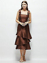 Alt View 1 Thumbnail - Cognac Bow-Shoulder Satin Midi Dress with Asymmetrical Tiered Skirt