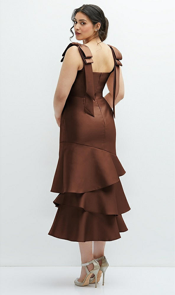 Front View - Cognac Bow-Shoulder Satin Midi Dress with Asymmetrical Tiered Skirt
