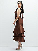 Side View Thumbnail - Cognac Bow-Shoulder Satin Midi Dress with Asymmetrical Tiered Skirt
