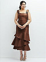 Rear View Thumbnail - Cognac Bow-Shoulder Satin Midi Dress with Asymmetrical Tiered Skirt