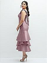 Side View Thumbnail - Dusty Rose Bow-Shoulder Satin Midi Dress with Asymmetrical Tiered Skirt