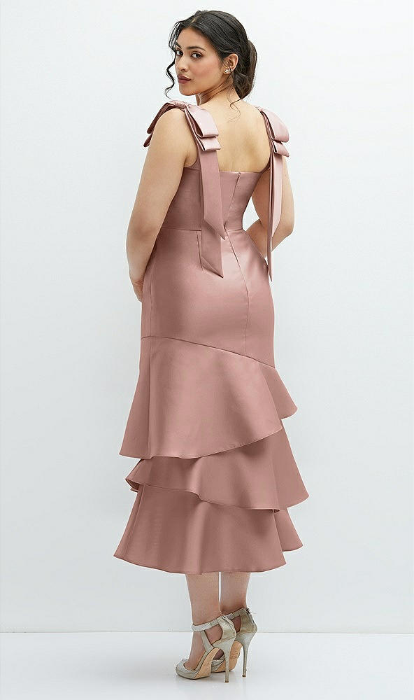 Front View - Neu Nude Bow-Shoulder Satin Midi Dress with Asymmetrical Tiered Skirt