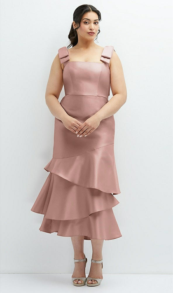 Back View - Neu Nude Bow-Shoulder Satin Midi Dress with Asymmetrical Tiered Skirt