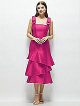 Alt View 1 Thumbnail - Think Pink Bow-Shoulder Satin Midi Dress with Asymmetrical Tiered Skirt