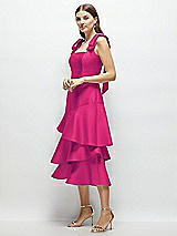 Alt View 2 Thumbnail - Think Pink Bow-Shoulder Satin Midi Dress with Asymmetrical Tiered Skirt