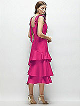Alt View 3 Thumbnail - Think Pink Bow-Shoulder Satin Midi Dress with Asymmetrical Tiered Skirt