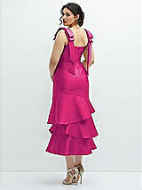 Front View Thumbnail - Think Pink Bow-Shoulder Satin Midi Dress with Asymmetrical Tiered Skirt