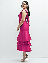 Side View Thumbnail - Think Pink Bow-Shoulder Satin Midi Dress with Asymmetrical Tiered Skirt