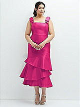 Rear View Thumbnail - Think Pink Bow-Shoulder Satin Midi Dress with Asymmetrical Tiered Skirt