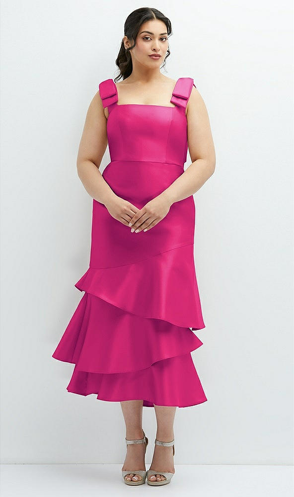 Back View - Think Pink Bow-Shoulder Satin Midi Dress with Asymmetrical Tiered Skirt