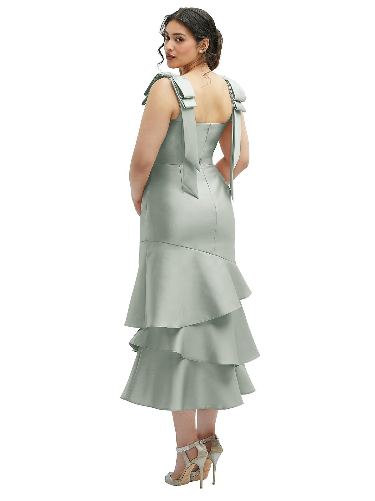 Bateau Neck Sheath Satin Midi Bridesmaid Dress With Bow in Dusty Blue