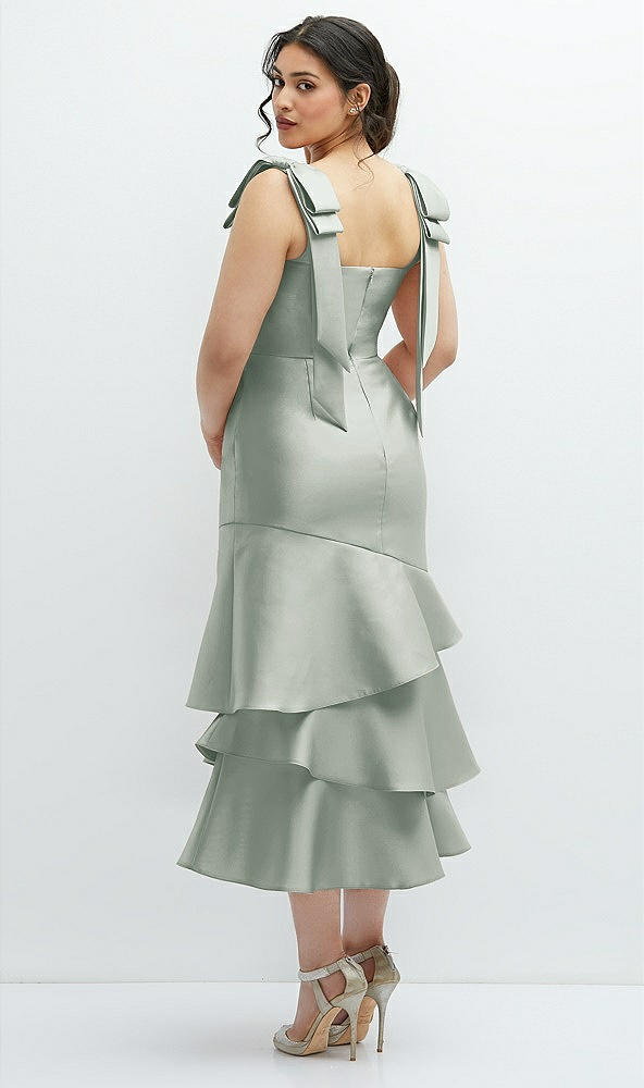 Front View - Willow Green Bow-Shoulder Satin Midi Dress with Asymmetrical Tiered Skirt
