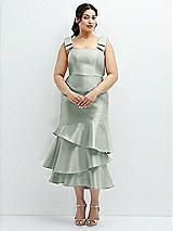 Rear View Thumbnail - Willow Green Bow-Shoulder Satin Midi Dress with Asymmetrical Tiered Skirt