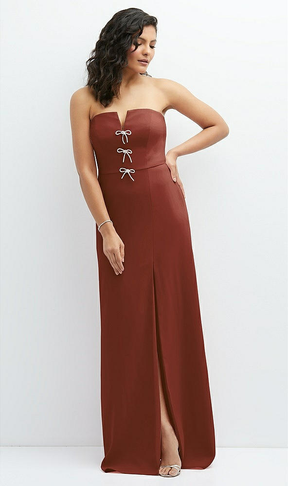 Front View - Auburn Moon Strapless Notch-Neck Crepe A-line Dress with Rhinestone Piping Bows