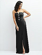 Front View Thumbnail - Black Strapless Notch-Neck Crepe A-line Dress with Rhinestone Piping Bows