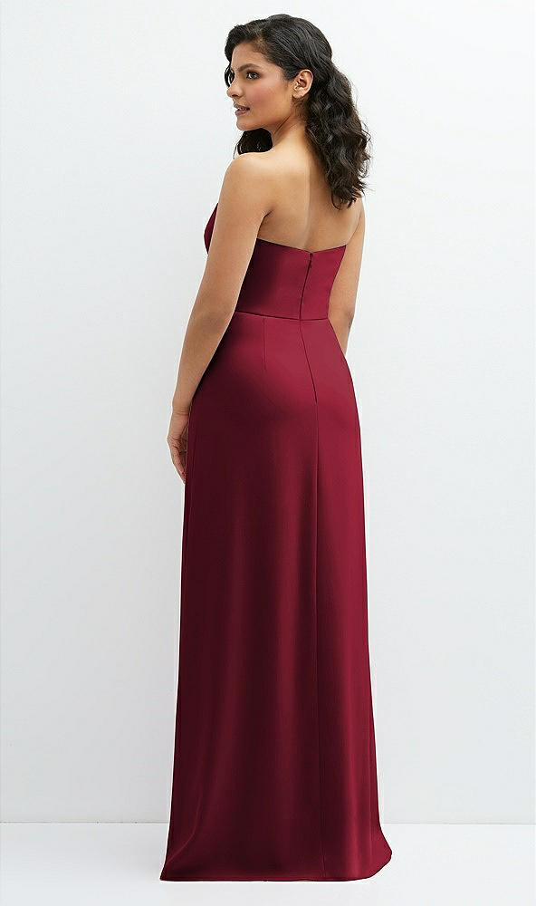 Back View - Burgundy Strapless Notch-Neck Crepe A-line Dress with Rhinestone Piping Bows