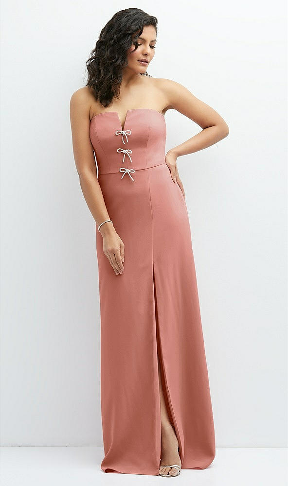 Front View - Desert Rose Strapless Notch-Neck Crepe A-line Dress with Rhinestone Piping Bows