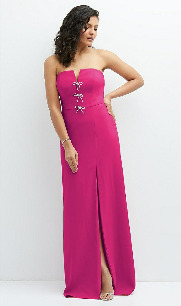 Front View - Think Pink Strapless Notch-Neck Crepe A-line Dress with Rhinestone Piping Bows