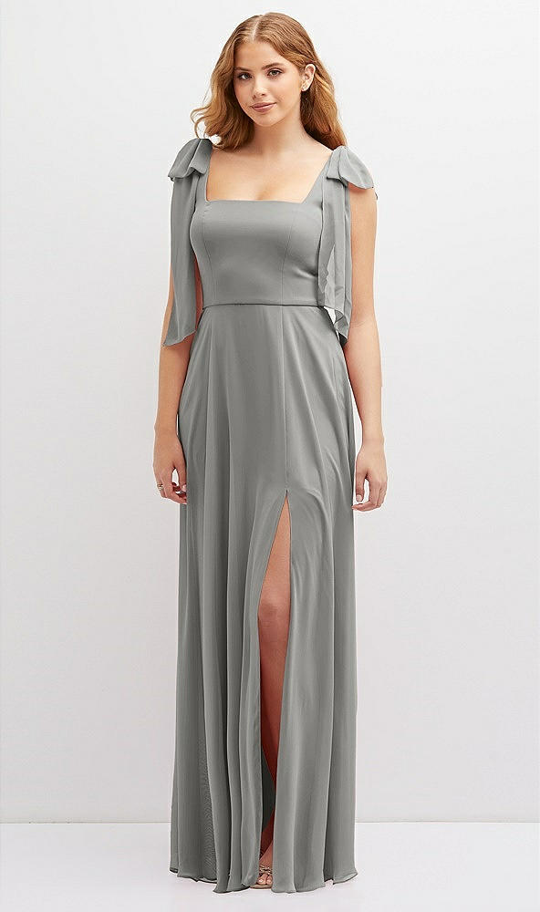 Front View - Chelsea Gray Bow Shoulder Square Neck Chiffon Maxi Dress