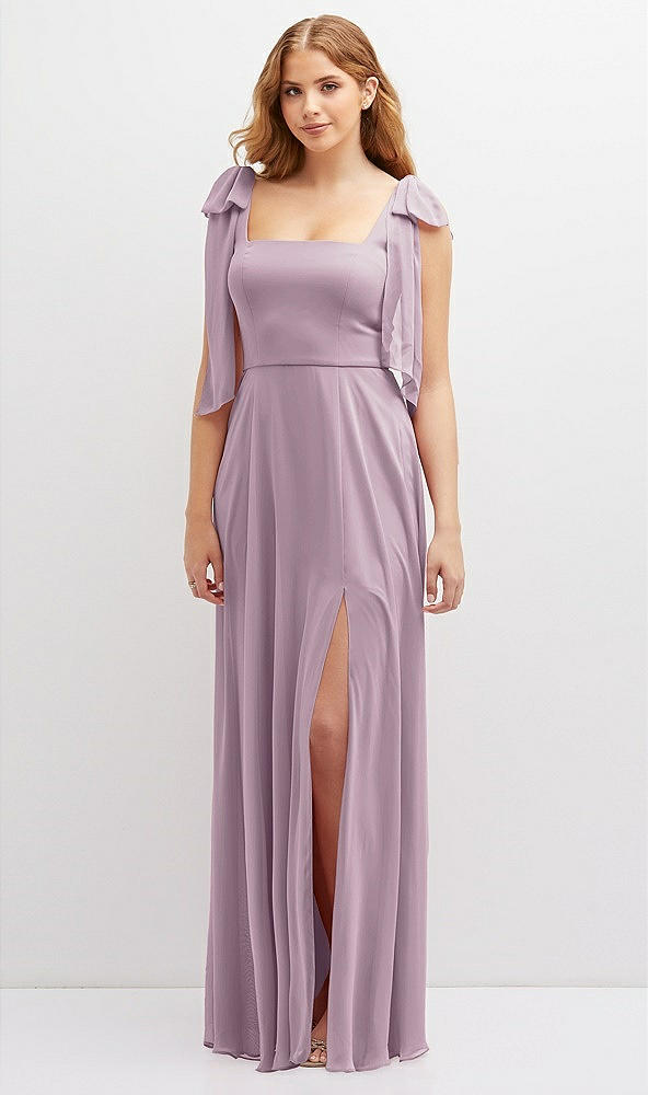 Front View - Suede Rose Bow Shoulder Square Neck Chiffon Maxi Dress