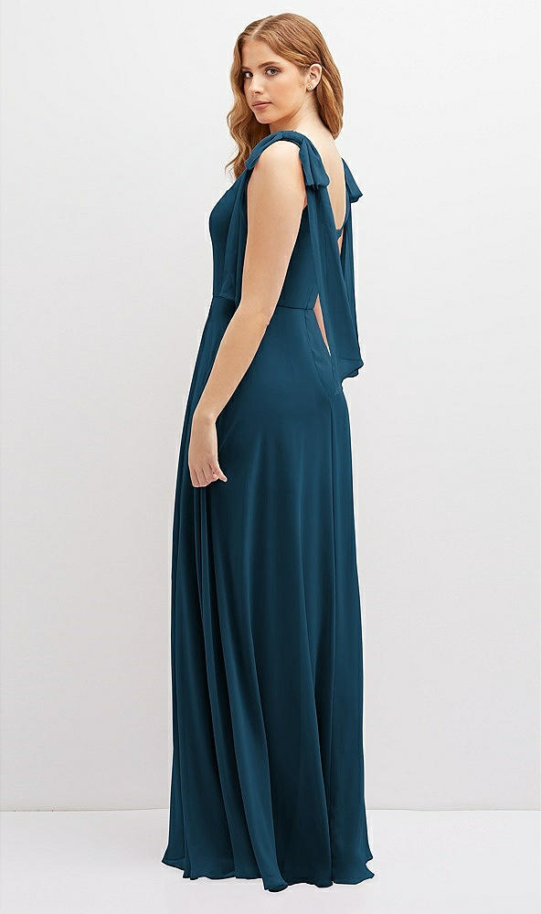 Back View - Atlantic Blue Bow Shoulder Square Neck Chiffon Maxi Dress
