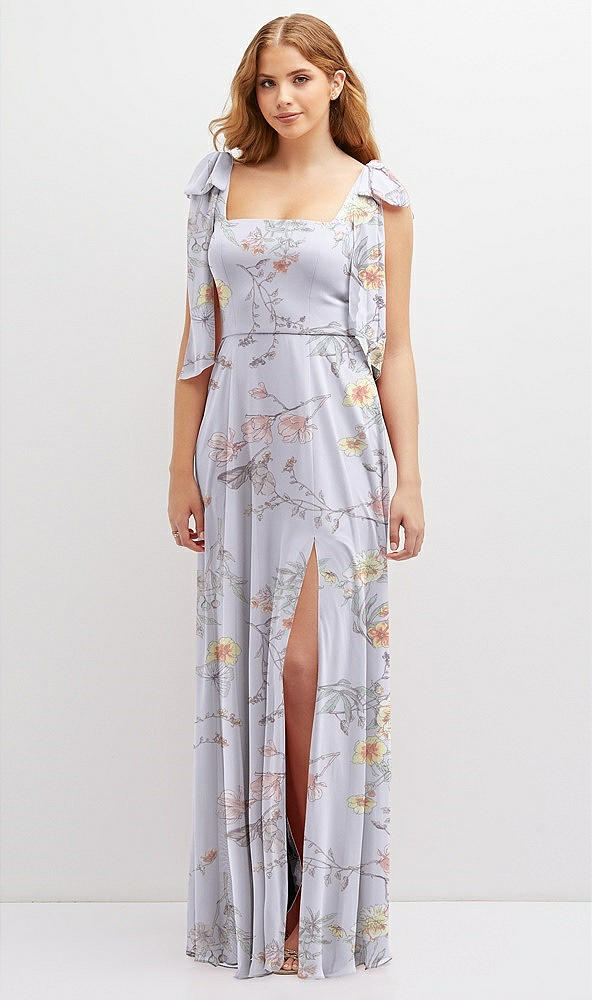 Front View - Butterfly Botanica Silver Dove Bow Shoulder Square Neck Chiffon Maxi Dress