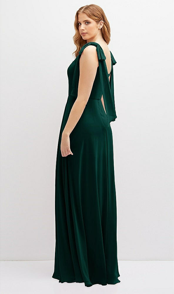 Back View - Evergreen Bow Shoulder Square Neck Chiffon Maxi Dress