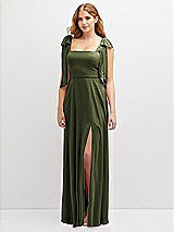 Front View Thumbnail - Olive Green Bow Shoulder Square Neck Chiffon Maxi Dress